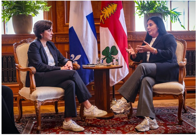 Two women in formal business attire sit facing each other in ornate armchairs, with flags displayed behind them during a meeting.