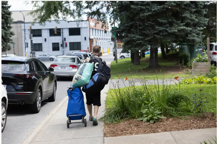 Person walking on a city sidewalk pulling a blue rolling cart with luggage and a backpack, near a landscaped planter and parked cars.